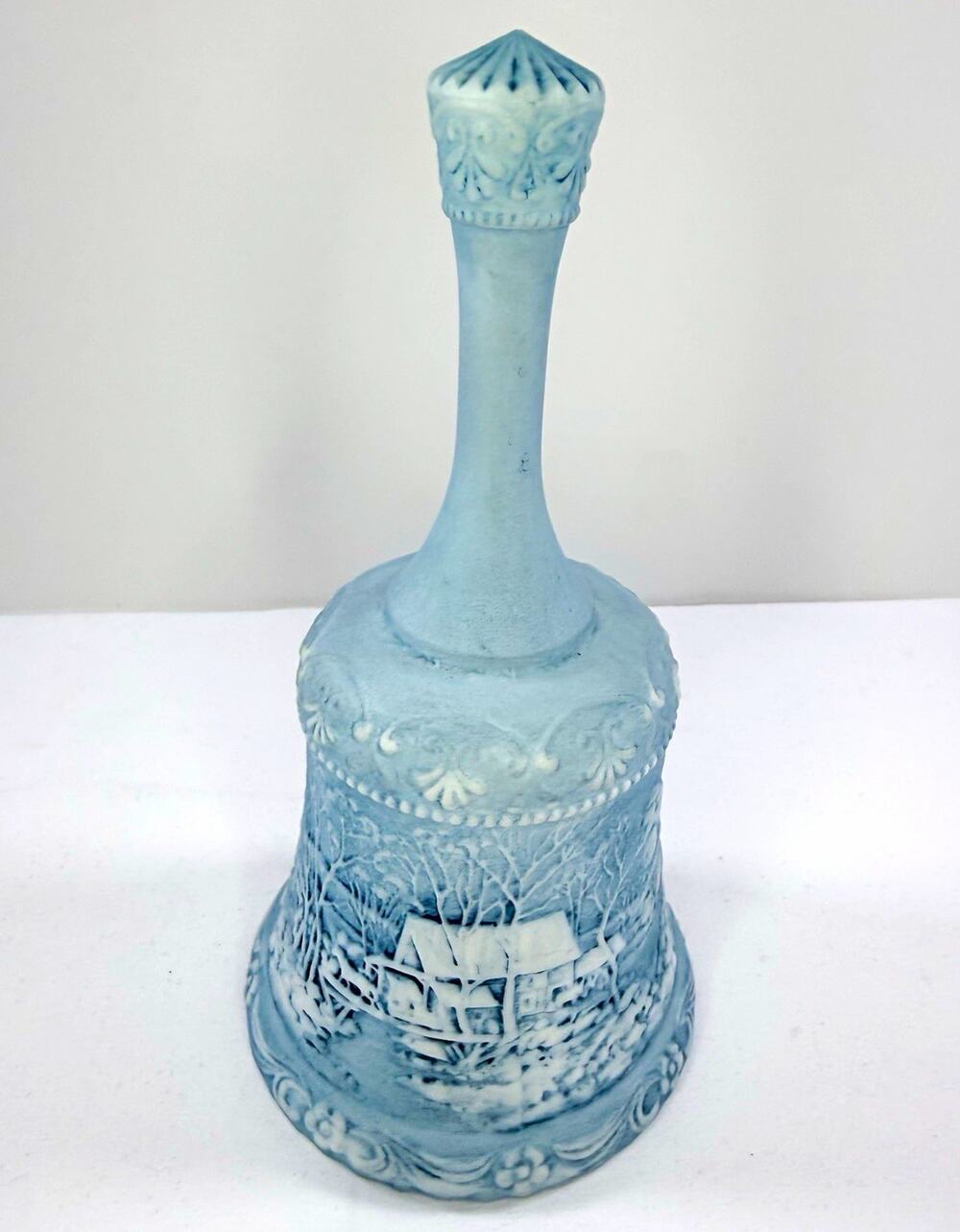 Vintage Blue Satin Glass Winter Scene Bell Signed V. Douthitt Hand Painted Art